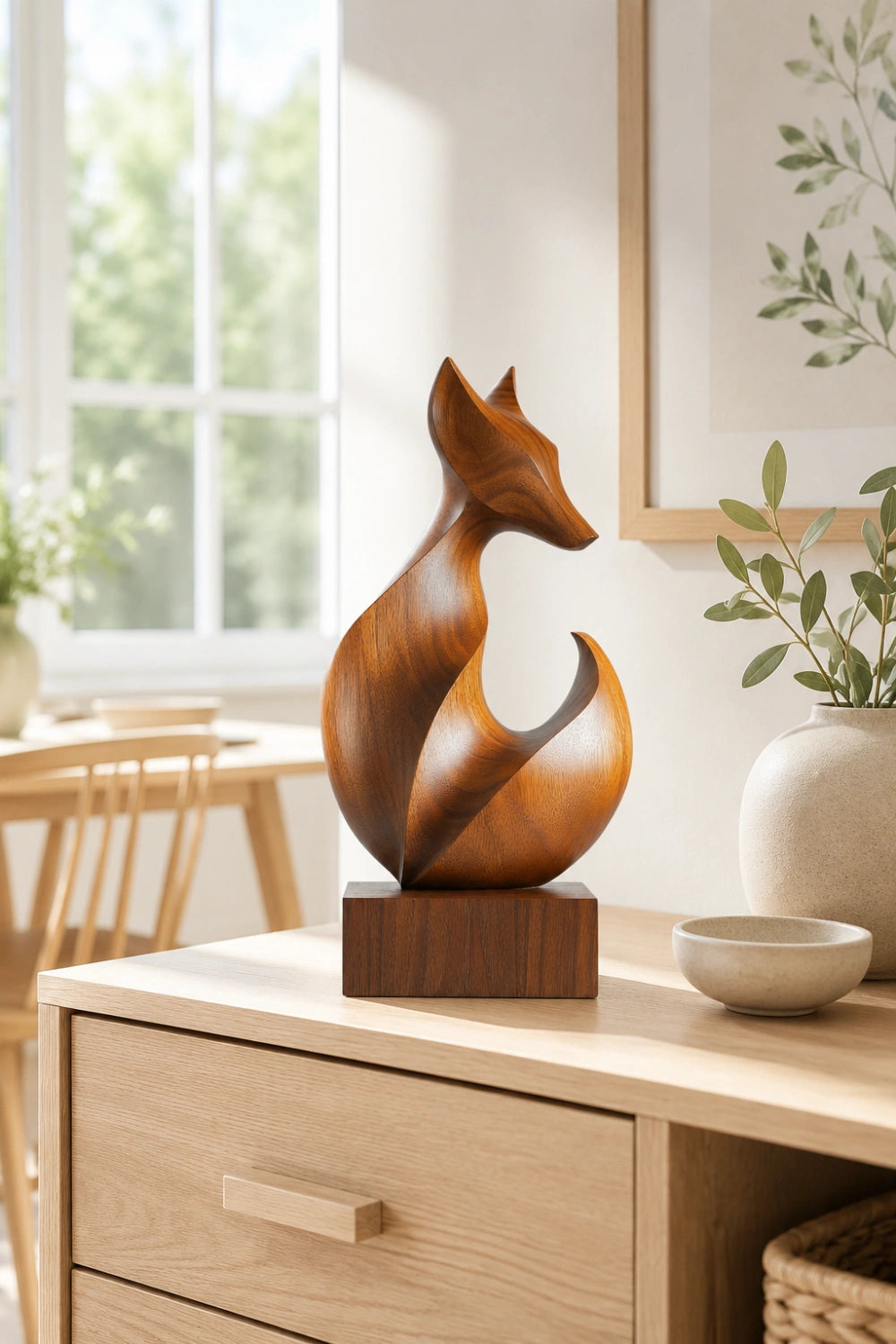 Sleek Curved Wood Fox Sculpture | Modernist Wildlife Mantel Decor | Clever Art Gift