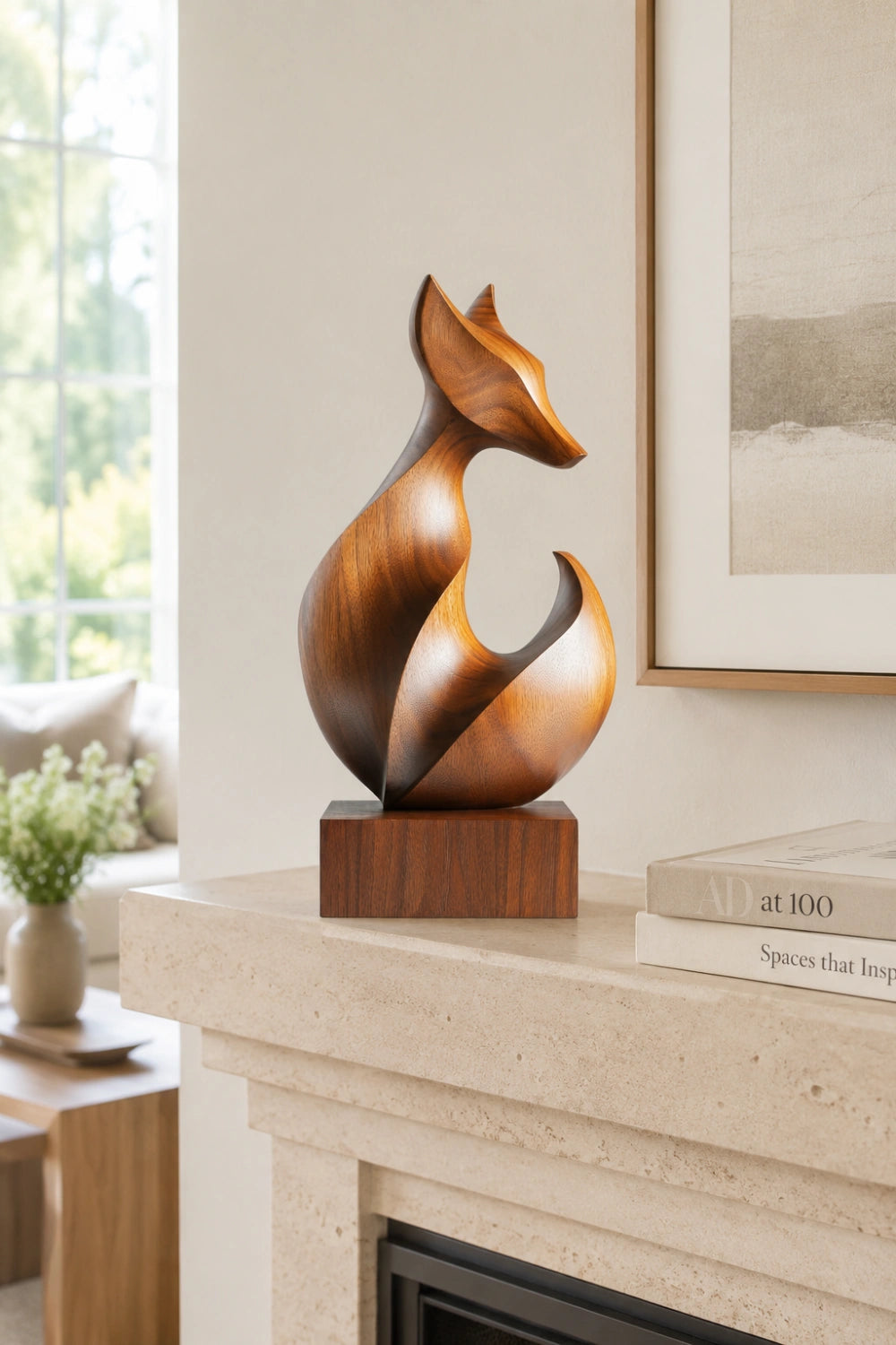 Sleek Curved Wood Fox Sculpture | Modernist Wildlife Mantel Decor | Clever Art Gift