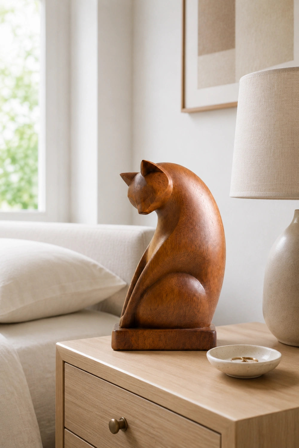 Contemplative Wood Cat Sculpture | Curated Studio Aesthetic Decor | Heartfelt Memorial Gift