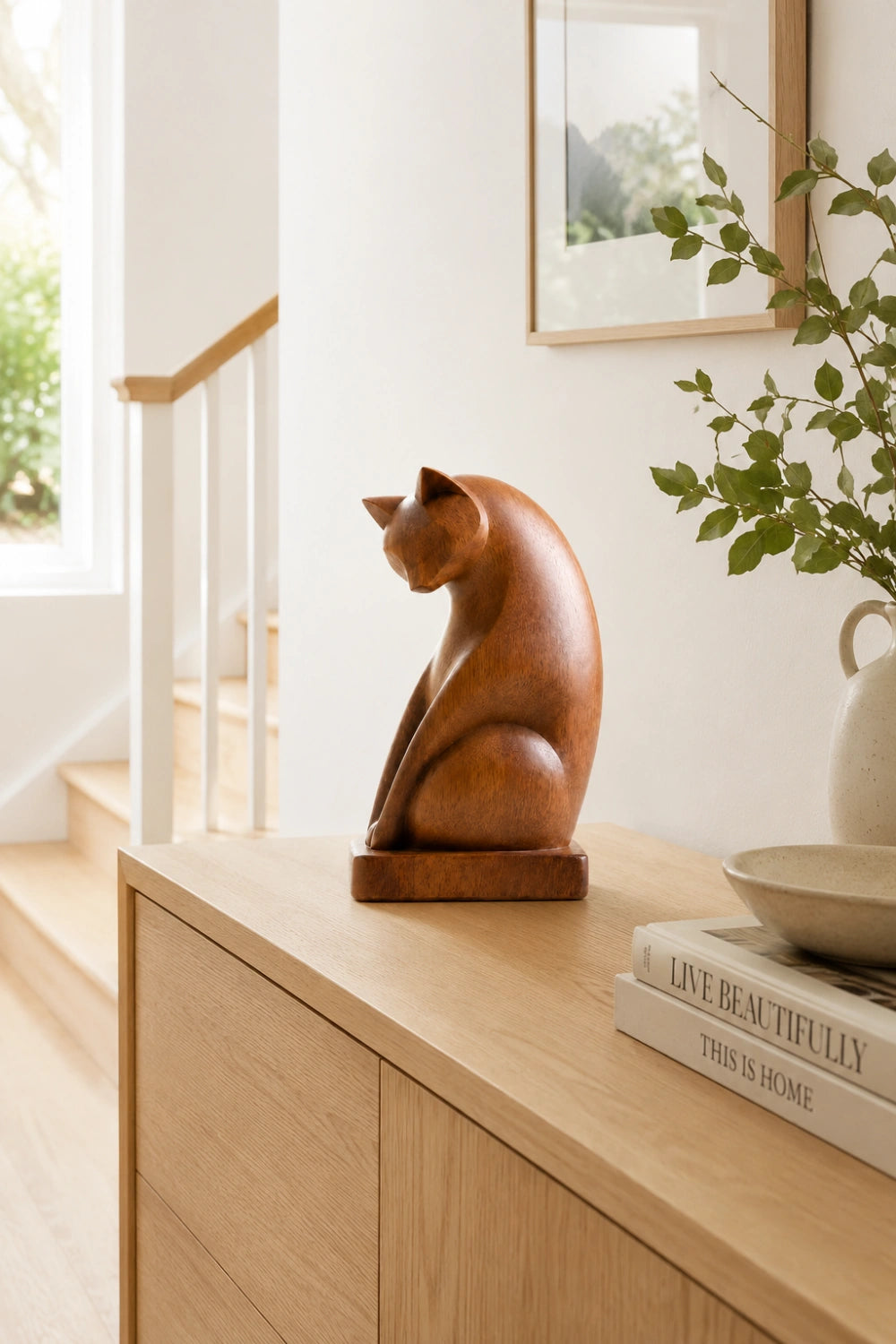 Contemplative Wood Cat Sculpture | Curated Studio Aesthetic Decor | Heartfelt Memorial Gift