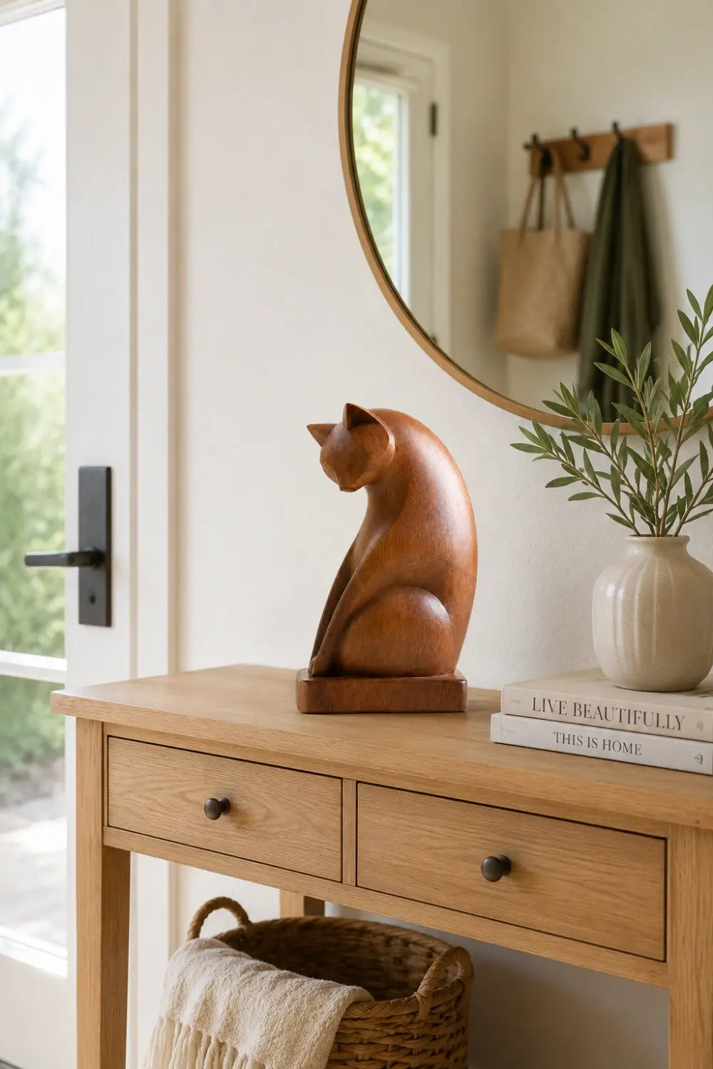 Contemplative Wood Cat Sculpture | Curated Studio Aesthetic Decor | Heartfelt Memorial Gift