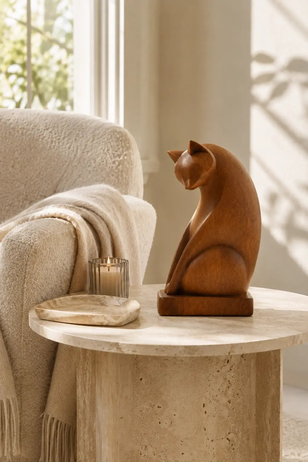 Contemplative Wood Cat Sculpture | Curated Studio Aesthetic Decor | Heartfelt Memorial Gift