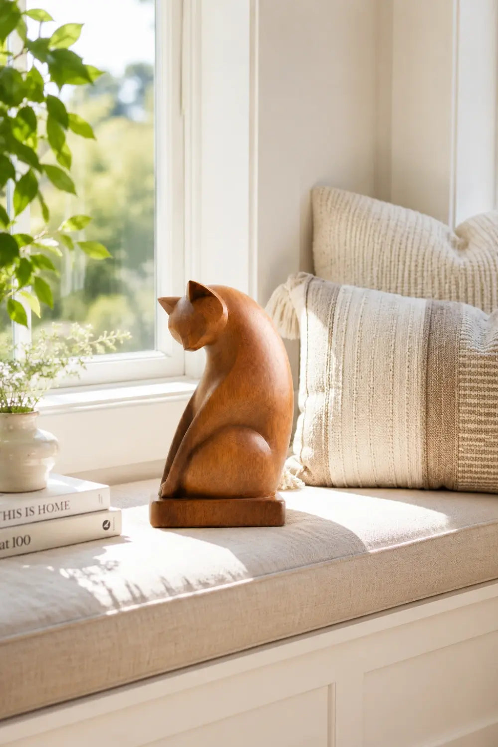 Contemplative Wood Cat Sculpture | Curated Studio Aesthetic Decor | Heartfelt Memorial Gift