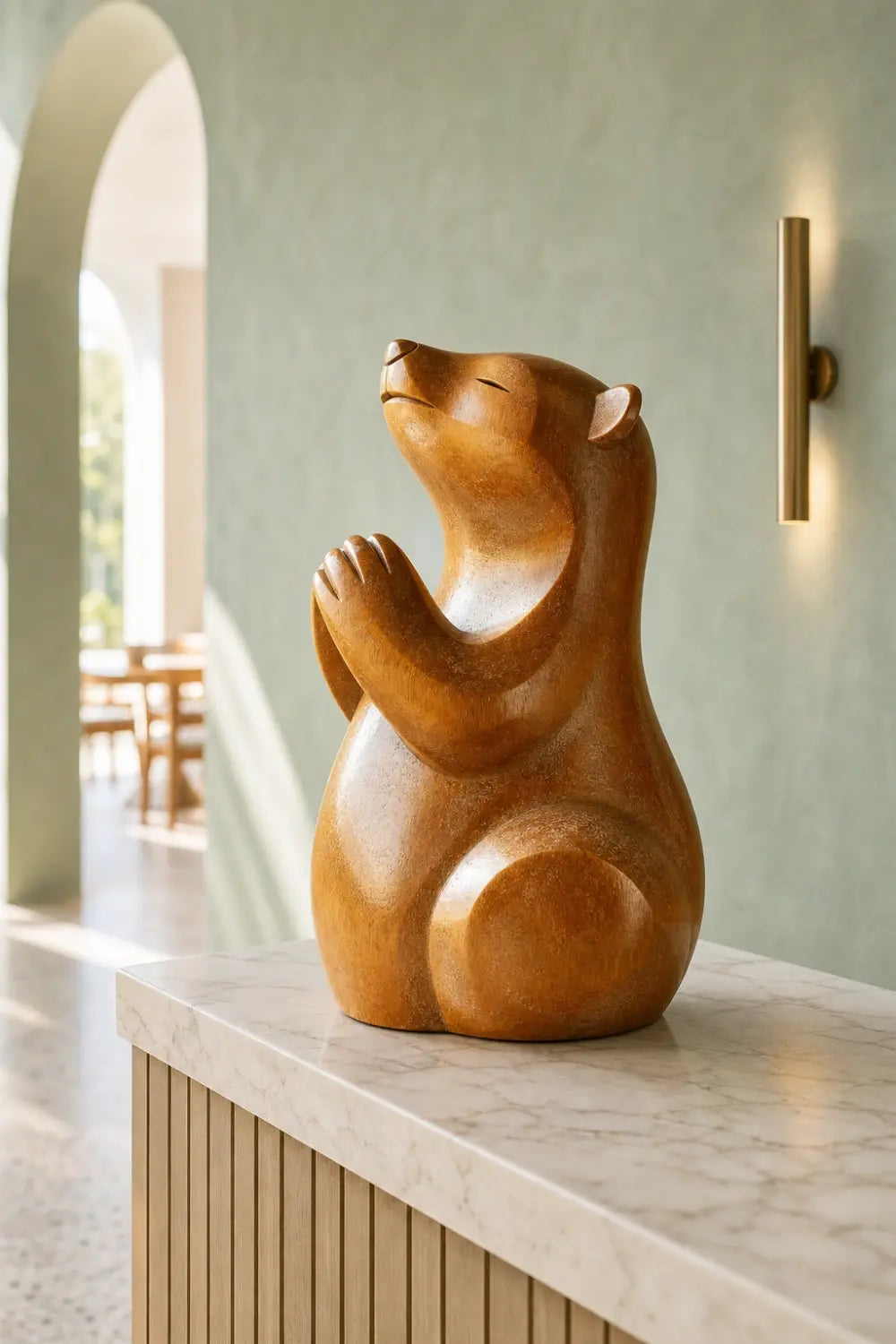 Praying Wood Bear Sculpture | Whimsical Zen Home Decor | Uplifting Spiritual Gift
