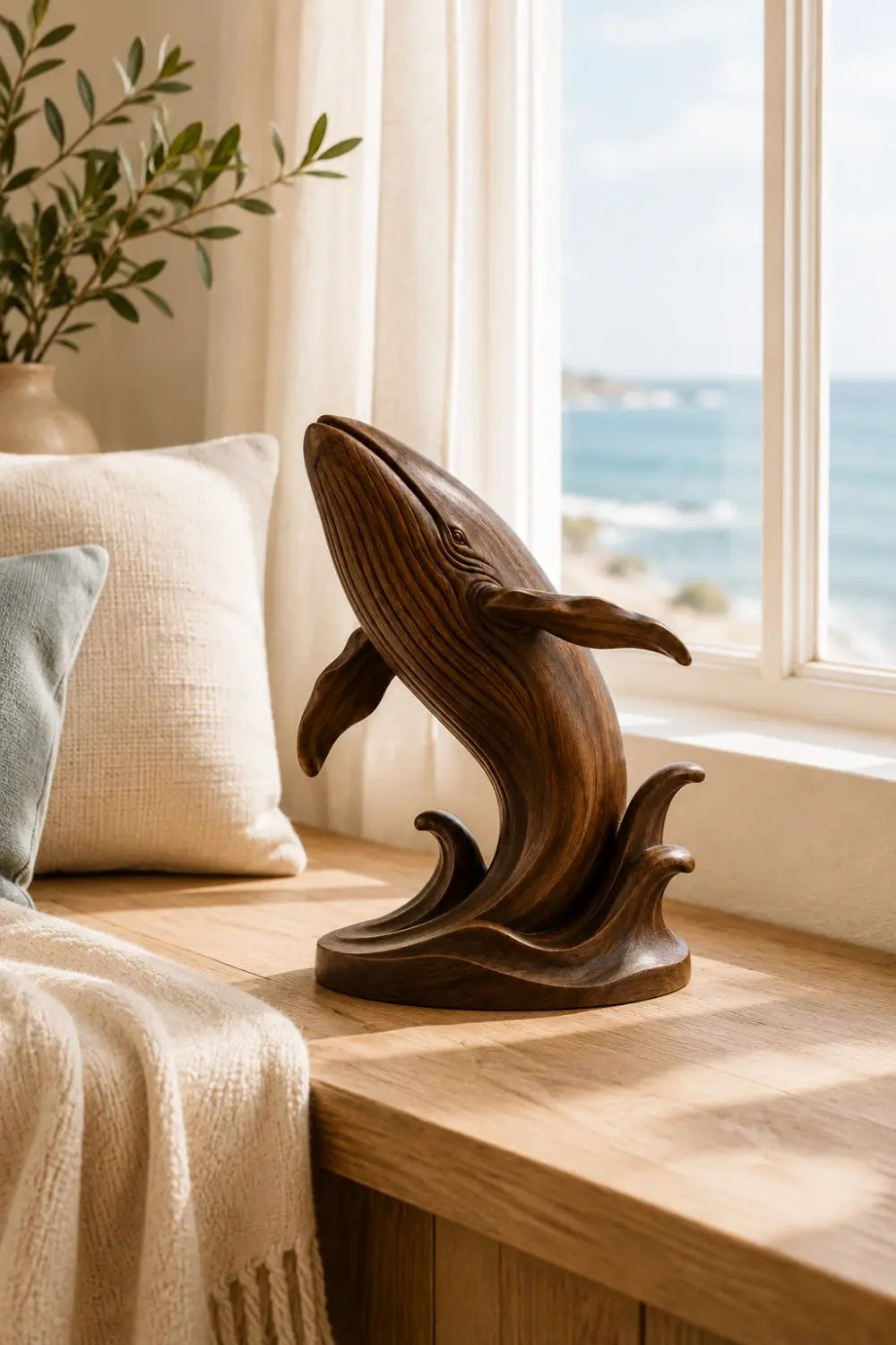 Breaching Wood Whale Sculpture | Coastal Luxe Marine Decor | Prestigious Ocean Gift