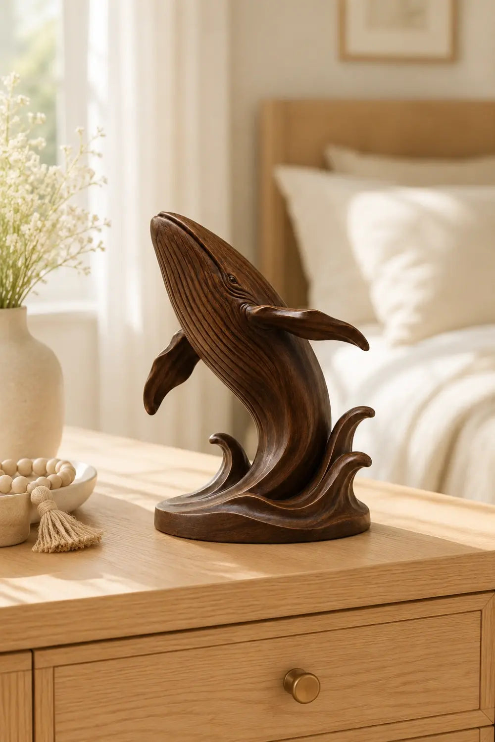 Breaching Wood Whale Sculpture | Coastal Luxe Marine Decor | Prestigious Ocean Gift