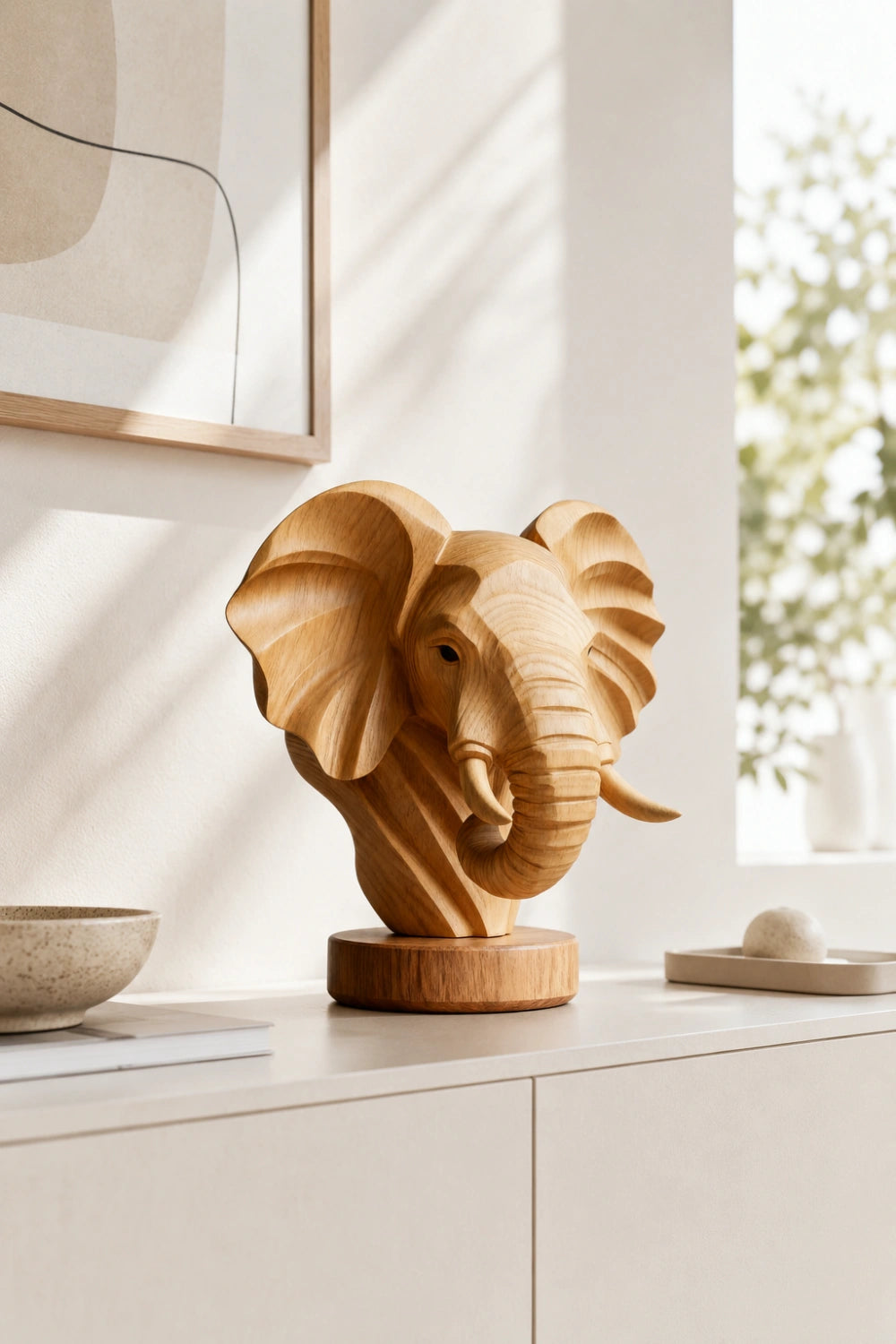 Natural Wood Elephant Head Statue | Majestic Wildlife Bust Decor