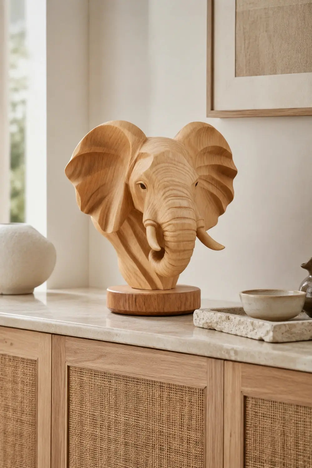 Natural Wood Elephant Head Statue | Majestic Wildlife Bust Decor