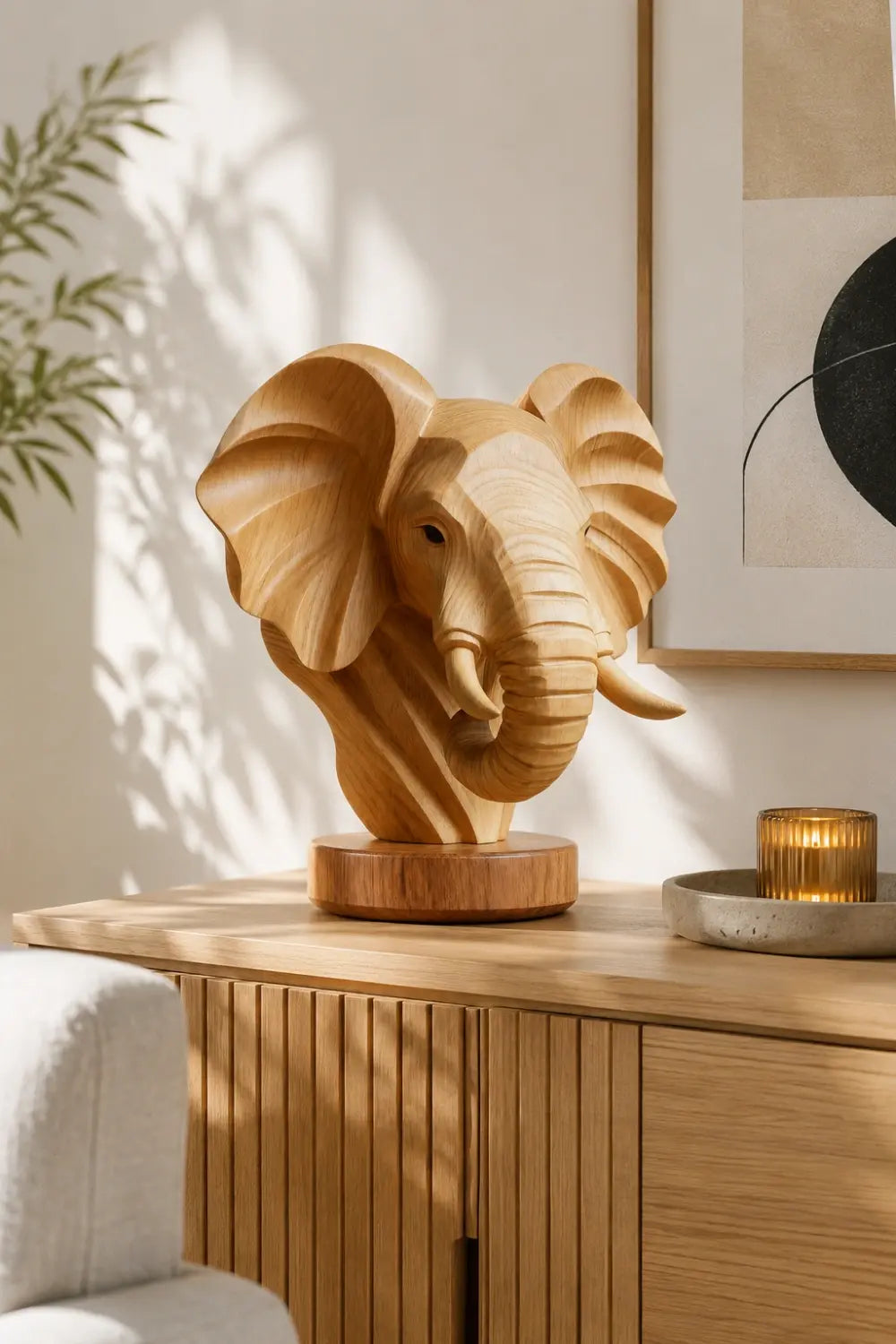 Natural Wood Elephant Head Statue | Majestic Wildlife Bust Decor