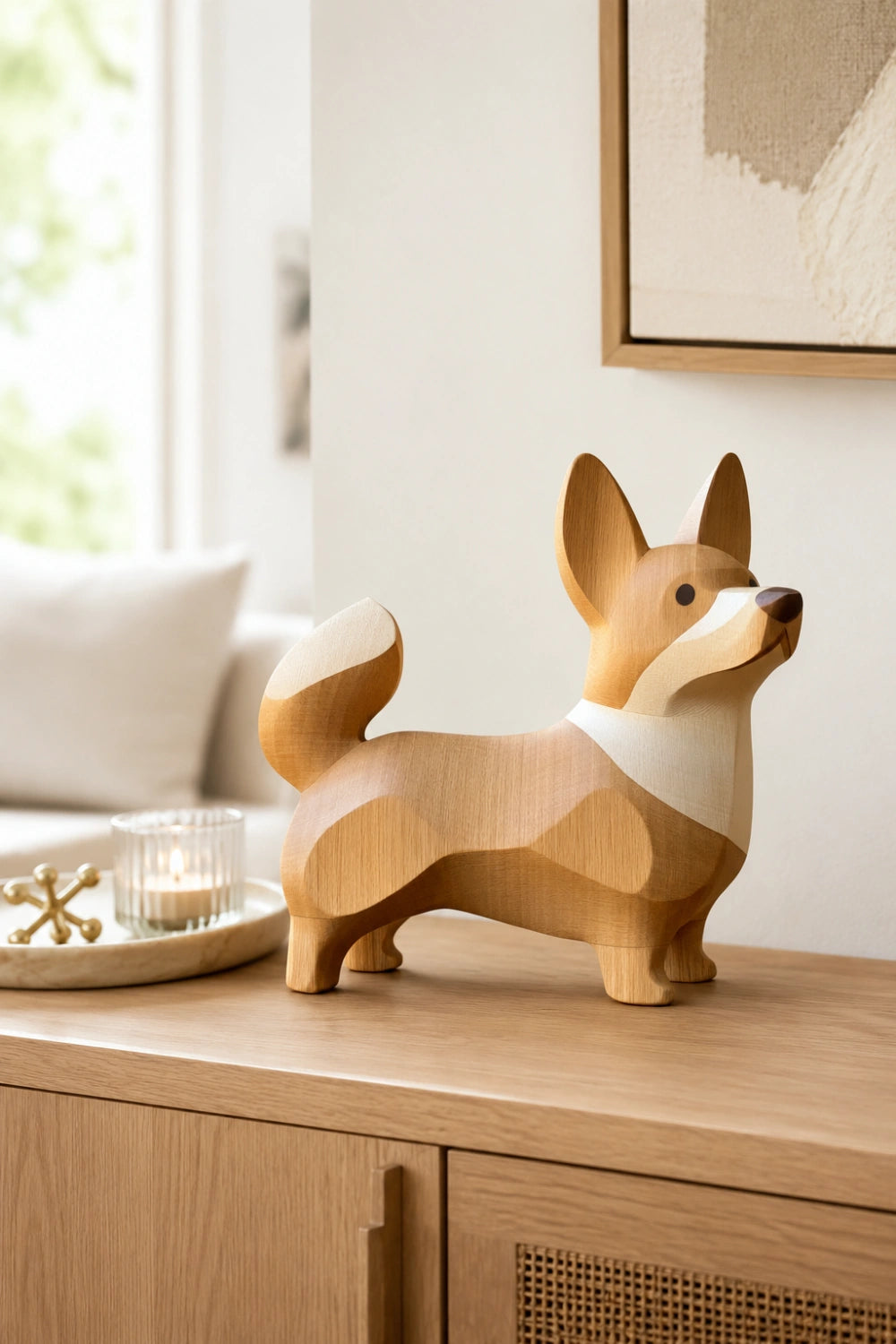 Whimsical Welsh Corgi Wood Sculpture | Modern Dog Accent Decor