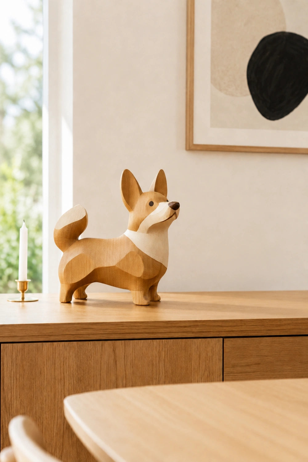 Whimsical Welsh Corgi Wood Sculpture | Modern Dog Accent Decor