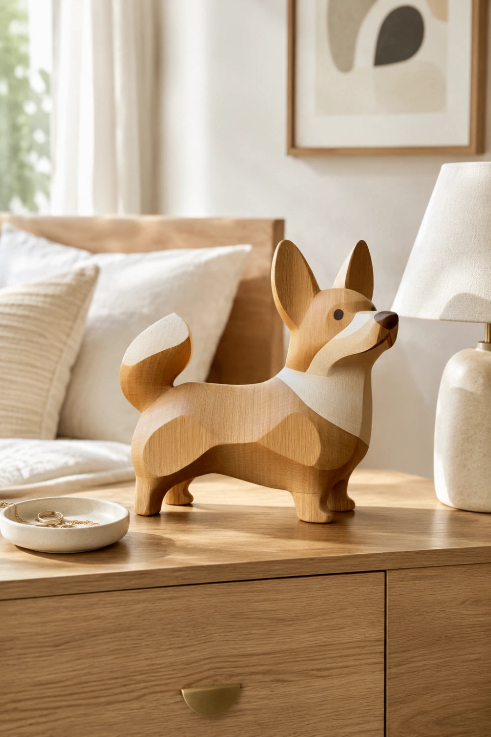 Whimsical Welsh Corgi Wood Sculpture | Modern Dog Accent Decor