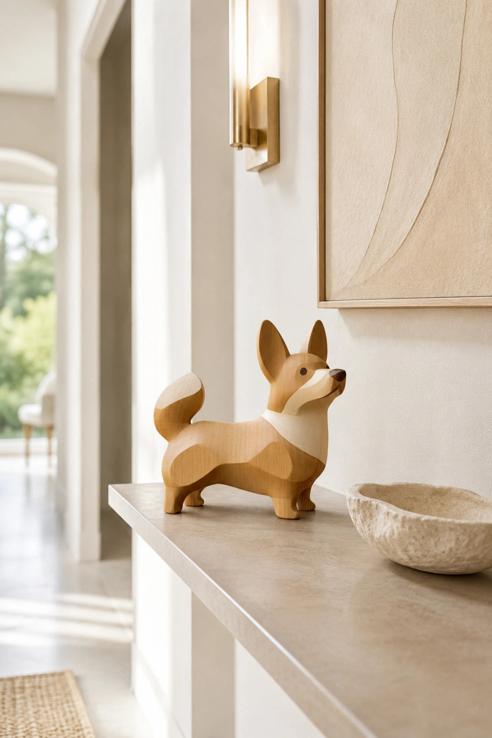 Whimsical Welsh Corgi Wood Sculpture | Modern Dog Accent Decor