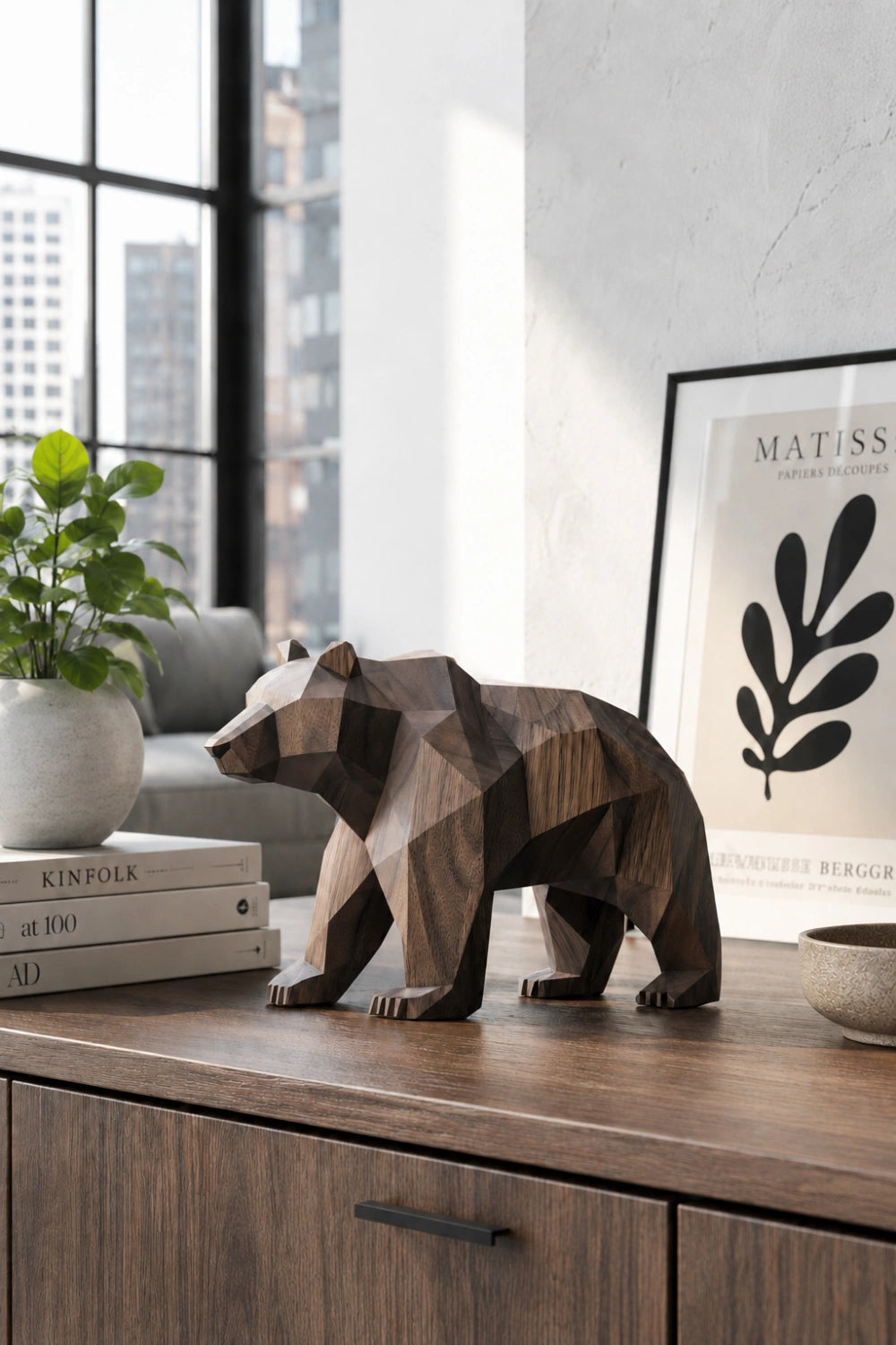 Polygonal Wood Grizzly Bear Sculpture | Modern Cabin Wildlife Decor | Exquisite Gift Idea