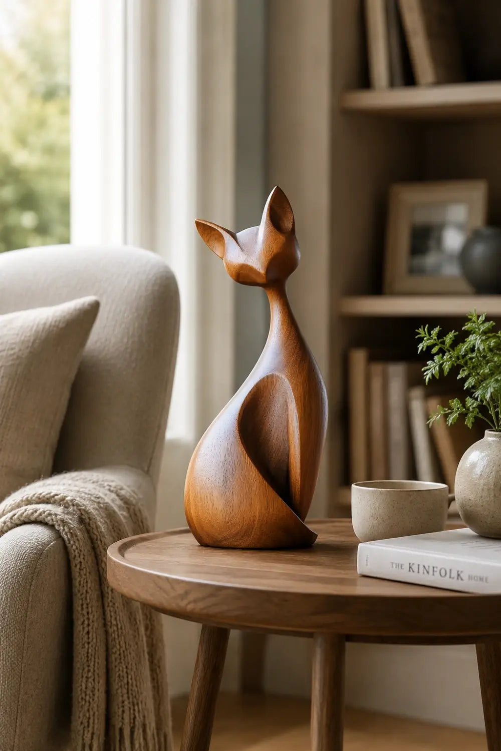 Mid-Century Modern Wood Cat Sculpture | Sleek Feline Silhouette Decor | Elegant Art Statue
