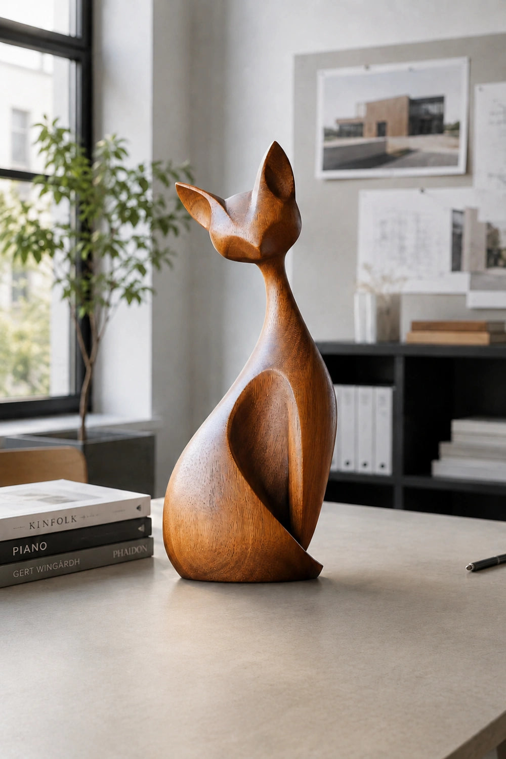 Mid-Century Modern Wood Cat Sculpture | Sleek Feline Silhouette Decor | Elegant Art Statue
