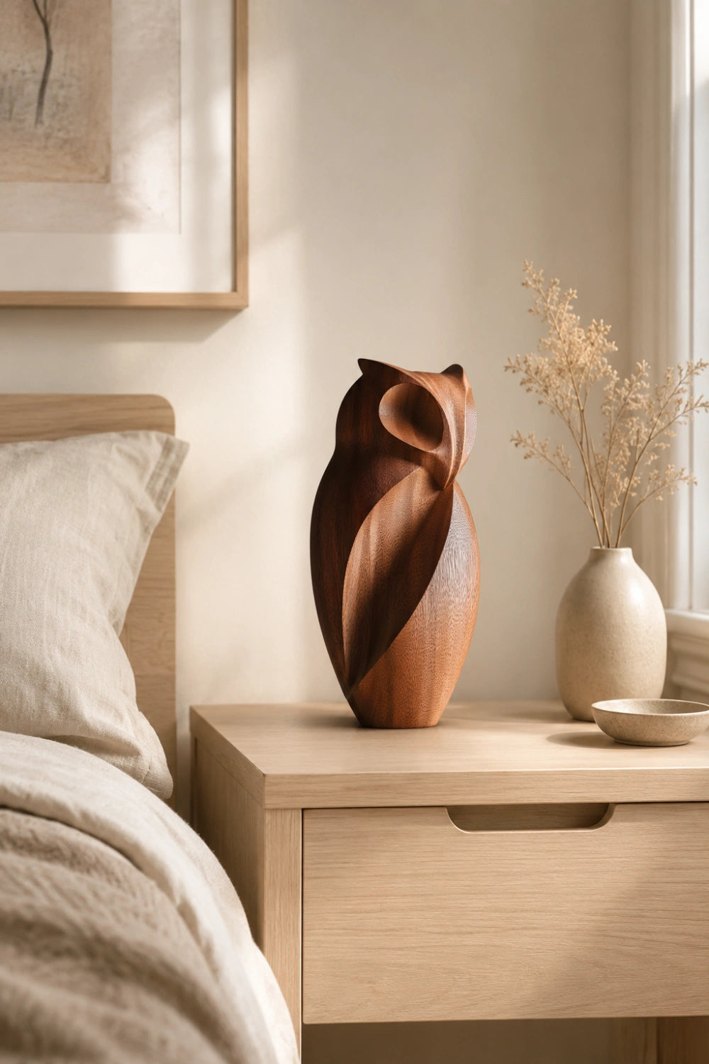 Abstract Wood Owl Sculpture | Chiseled Modernist Bird Decor | Thoughtful Office Gift