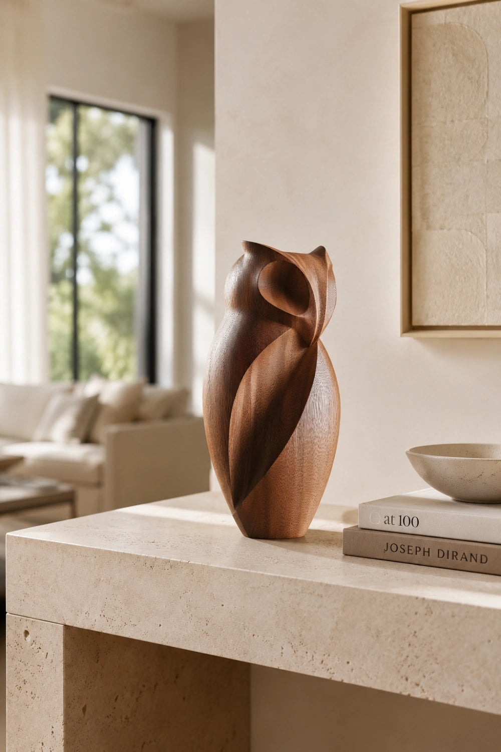 Abstract Wood Owl Sculpture | Chiseled Modernist Bird Decor | Thoughtful Office Gift
