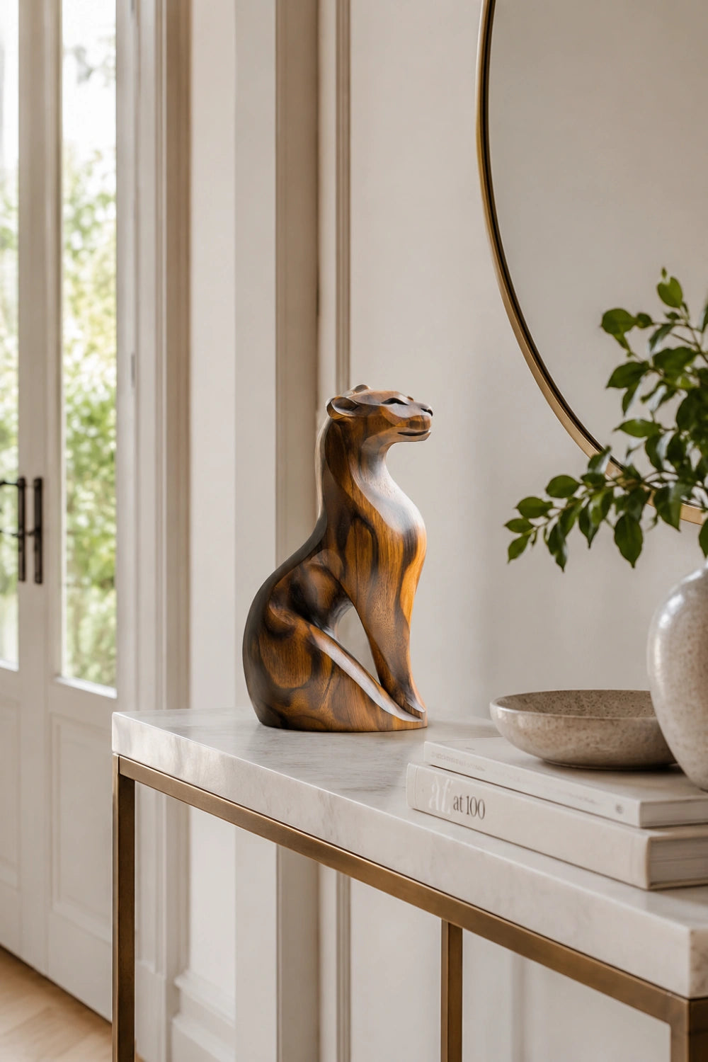 Sleek Wood Cheetah Sculpture| Modernist Jaguar Art Piece