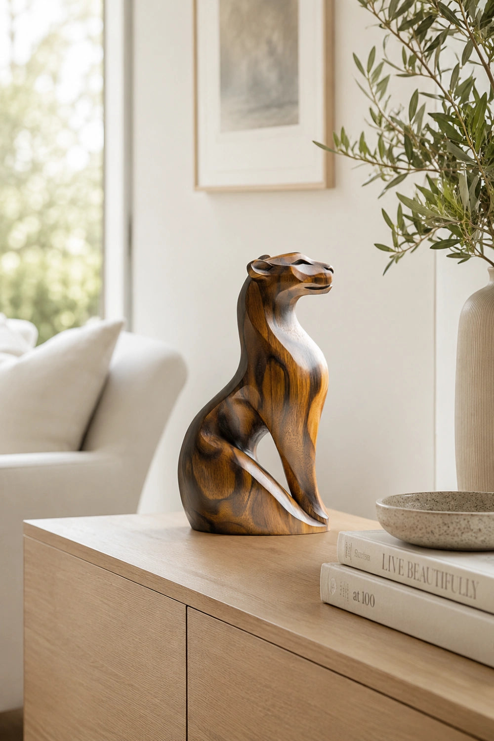 Sleek Wood Cheetah Sculpture| Modernist Jaguar Art Piece