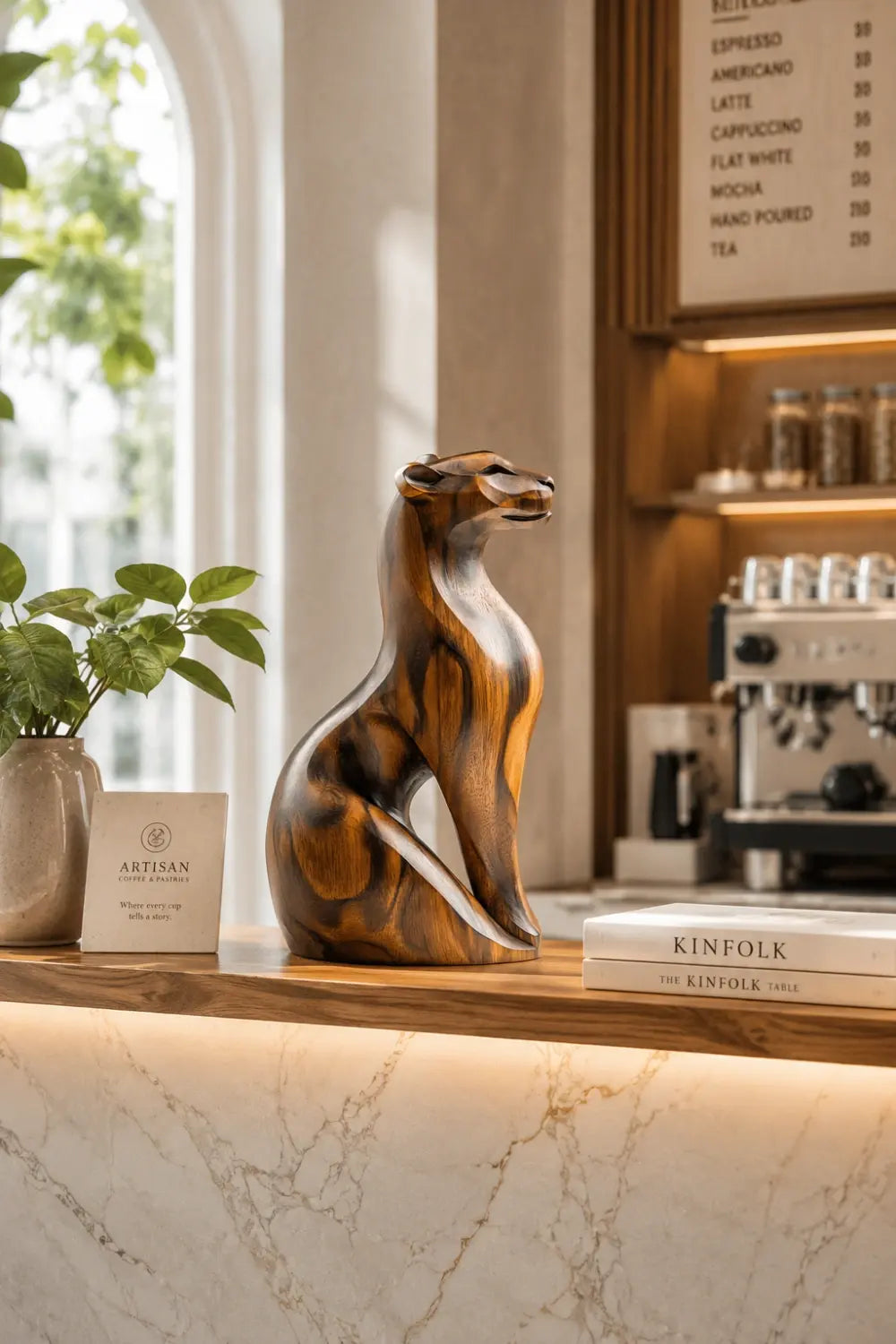 Sleek Wood Cheetah Sculpture| Modernist Jaguar Art Piece