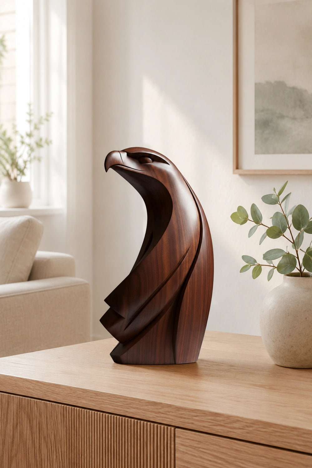 Modernist Wood Eagle Sculpture | Avant-Garde Raptor Office Decor | Striking Art Piece