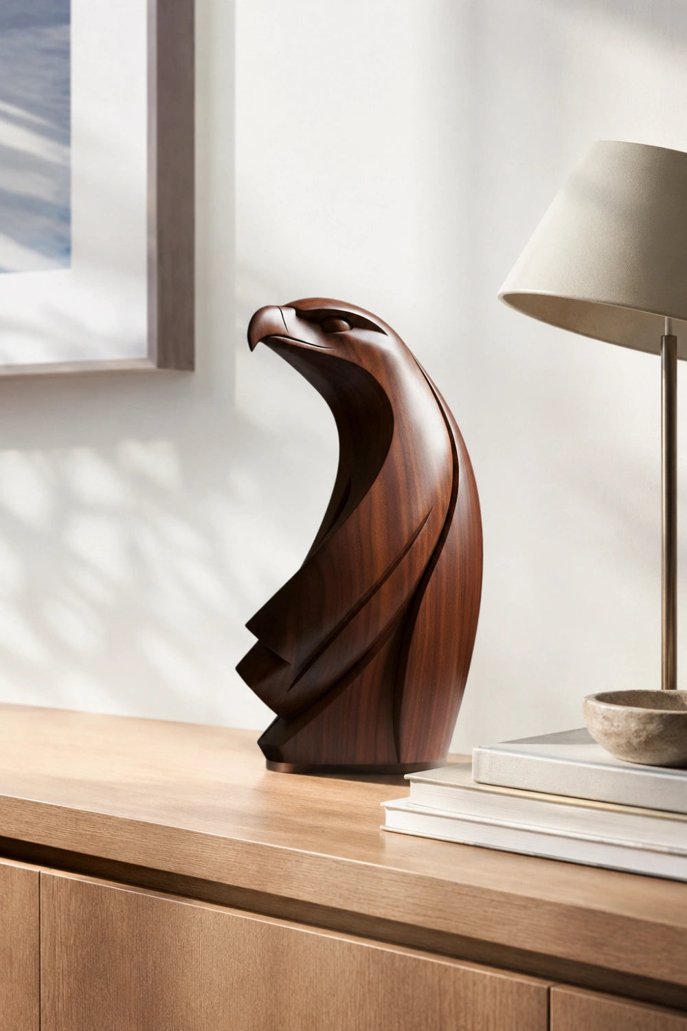 Modernist Wood Eagle Sculpture | Avant-Garde Raptor Office Decor | Striking Art Piece