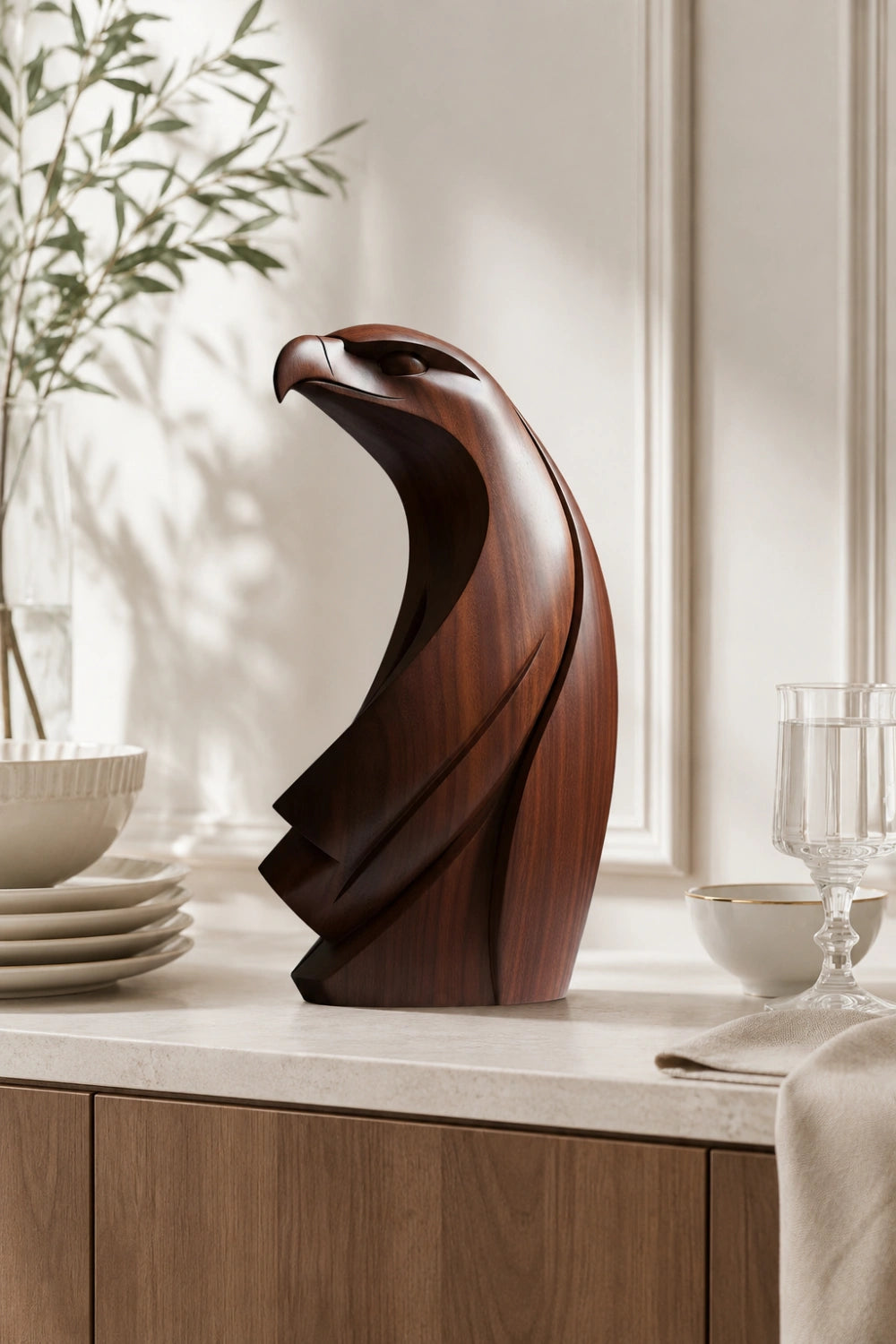 Modernist Wood Eagle Sculpture | Avant-Garde Raptor Office Decor | Striking Art Piece