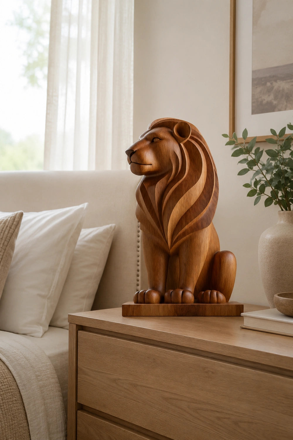 Art Deco Wood Lion Sculpture | Stately Living Room Decor | Majestic Statement Piece