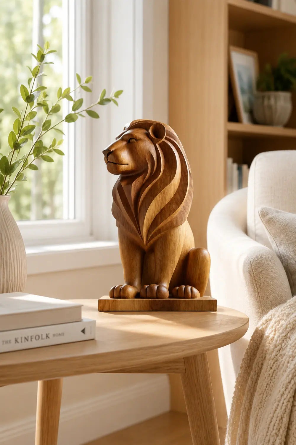 Art Deco Wood Lion Sculpture | Stately Living Room Decor | Majestic Statement Piece