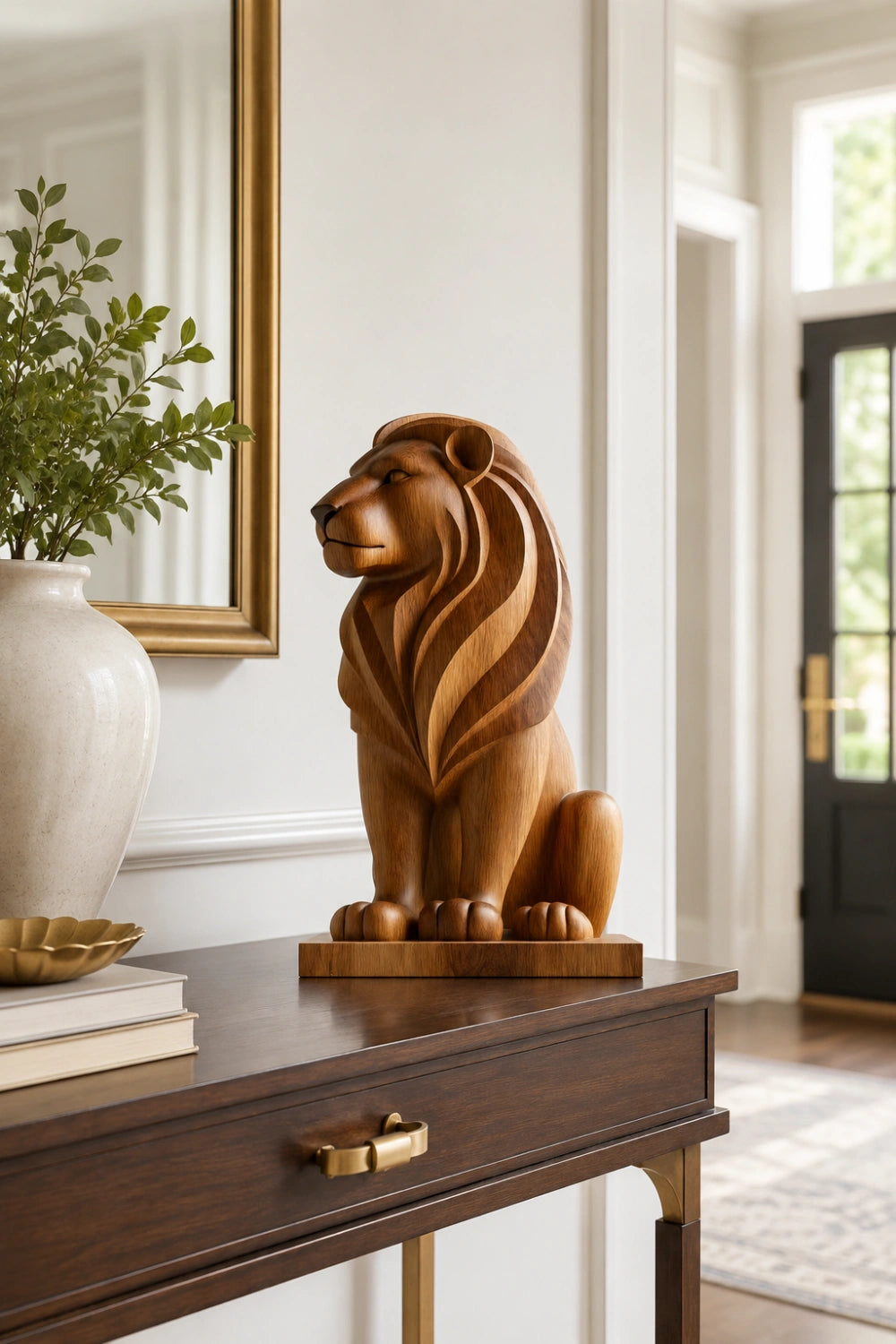 Art Deco Wood Lion Sculpture | Stately Living Room Decor | Majestic Statement Piece