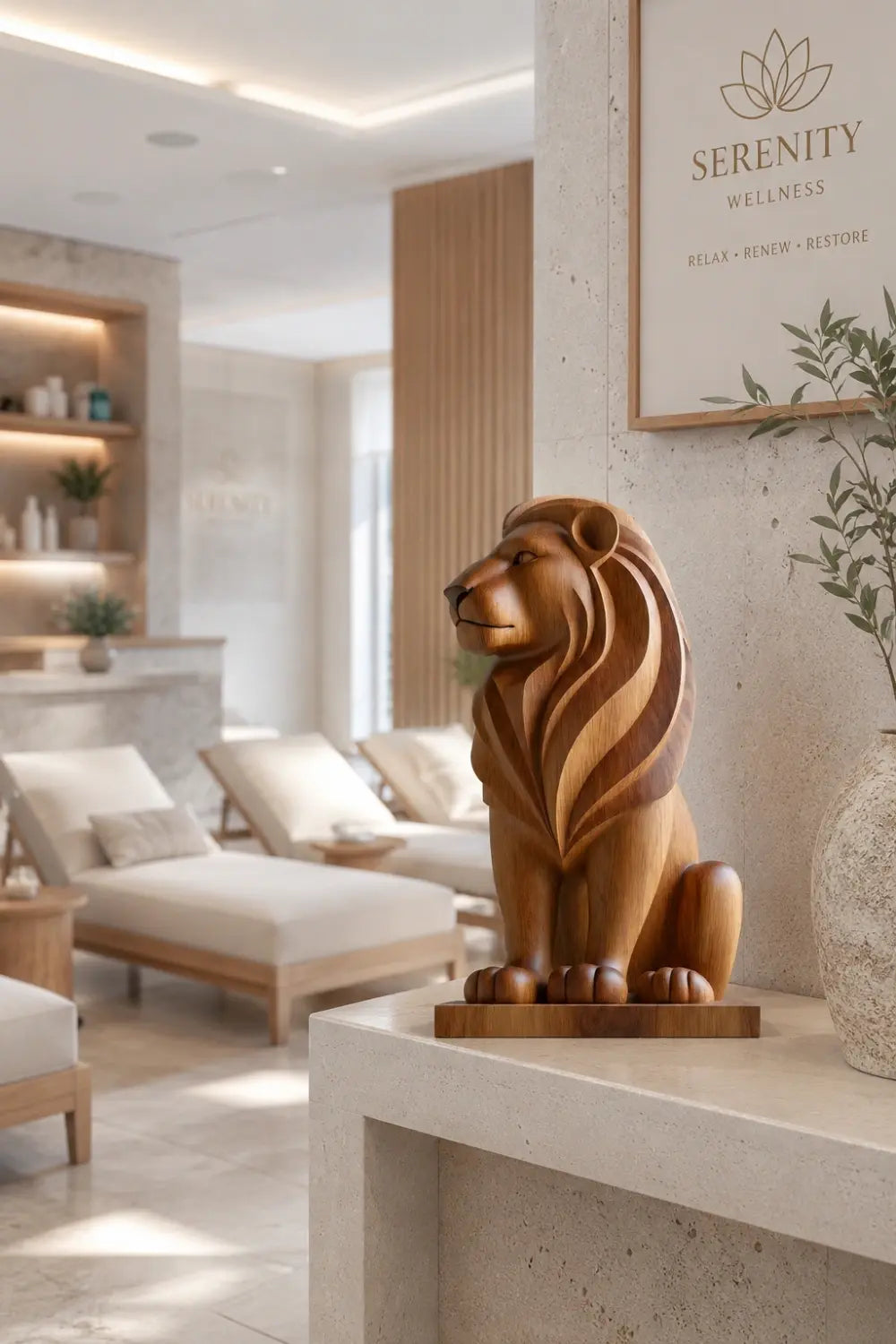 Art Deco Wood Lion Sculpture | Stately Living Room Decor | Majestic Statement Piece