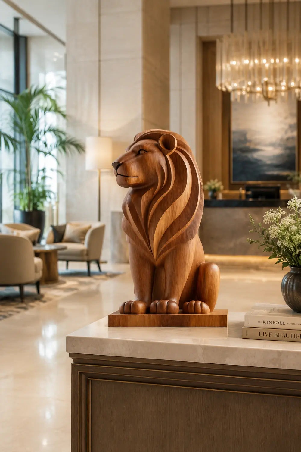 Art Deco Wood Lion Sculpture | Stately Living Room Decor | Majestic Statement Piece