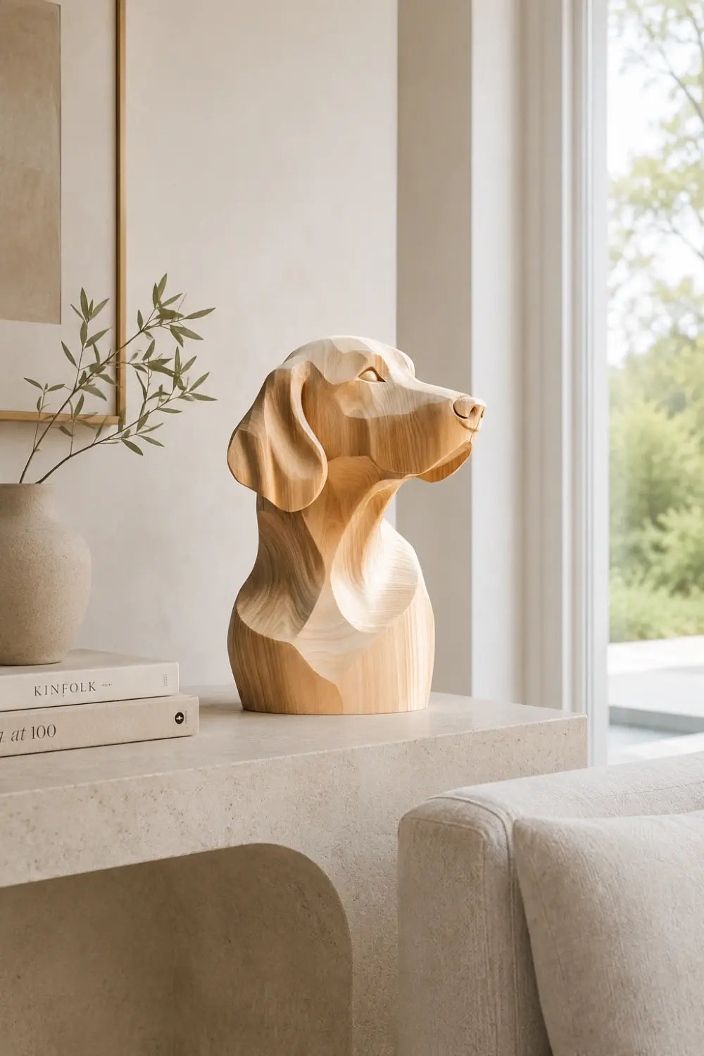 Minimalist Blonde Wood Dog Sculpture | Ash Labrador Canine Bust | Touching Pet Memorial Gift