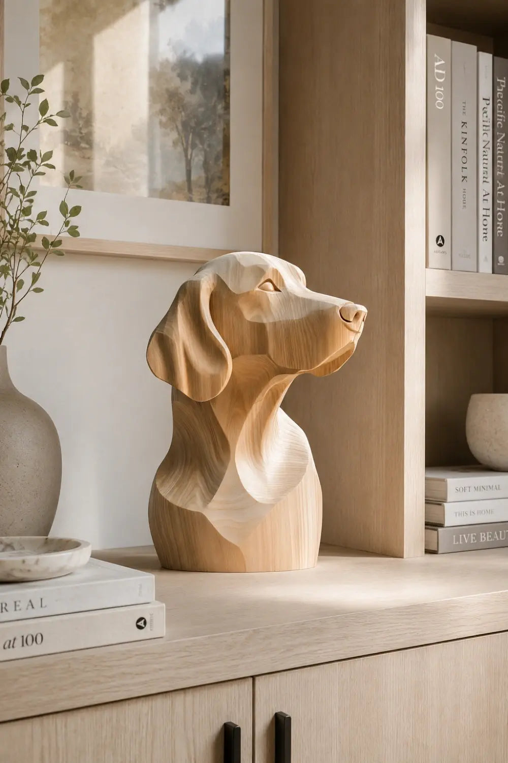 Minimalist Blonde Wood Dog Sculpture | Ash Labrador Canine Bust | Touching Pet Memorial Gift