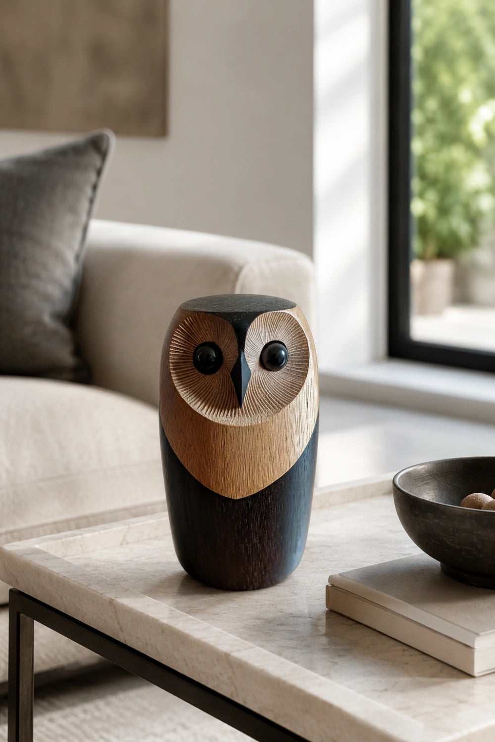 Handcarved Wooden Owl Figurine | Scandinavian Animal Sculpture | Mid-Century Desk Decor