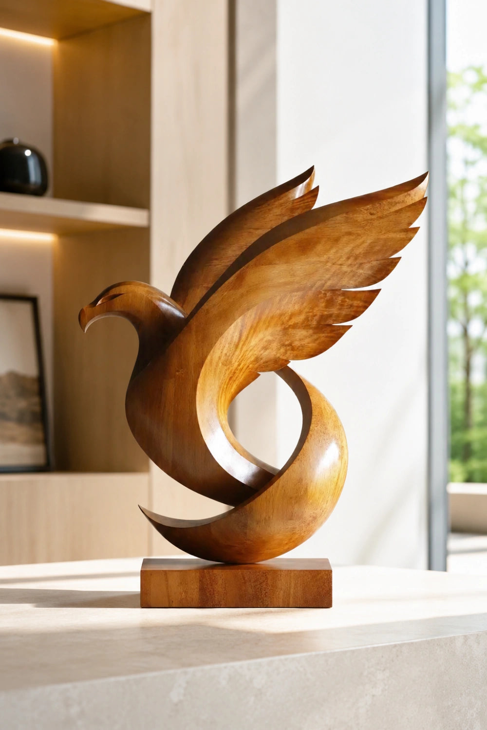 Carved Wood Eagle Sculpture | Soaring Bird Statue | Executive Desk Decor