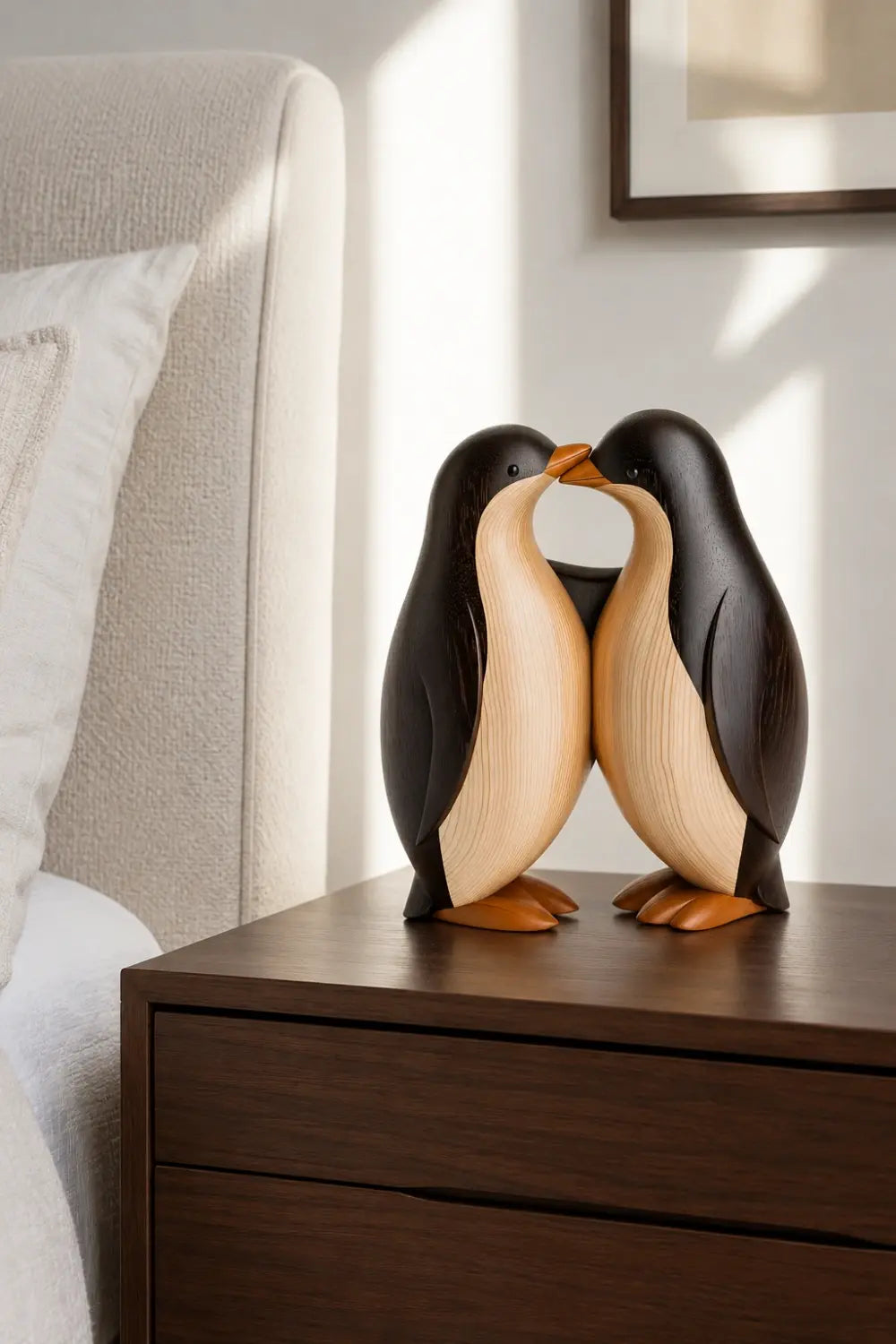 Wooden Penguin Pair Statue | Nordic Handcrafted Bird Decor