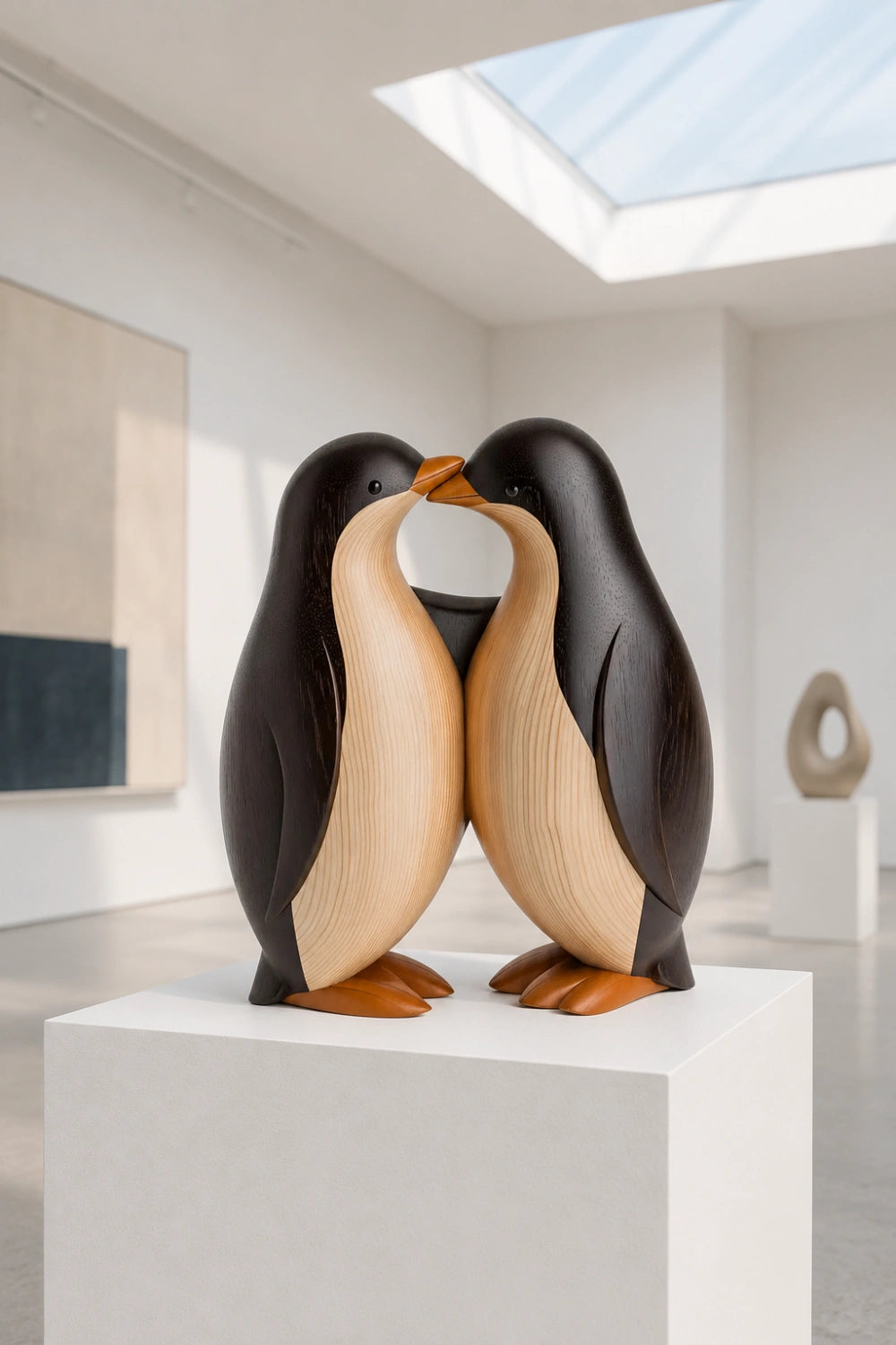 Wooden Penguin Pair Statue | Nordic Handcrafted Bird Decor