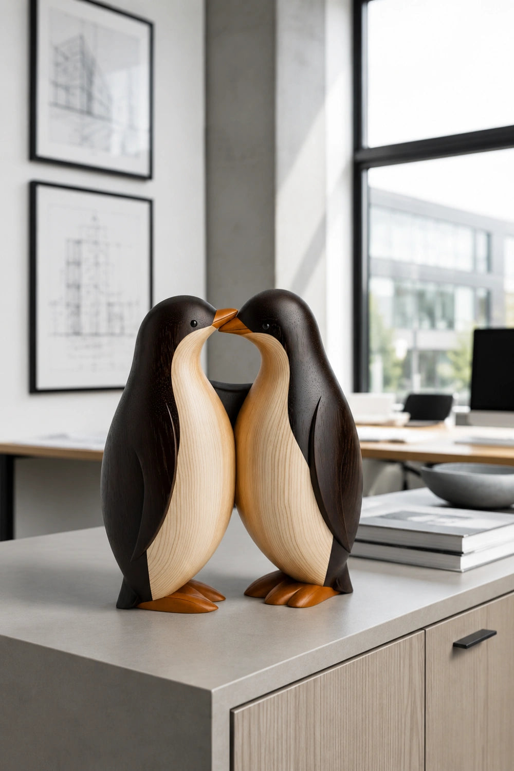Wooden Penguin Pair Statue | Nordic Handcrafted Bird Decor