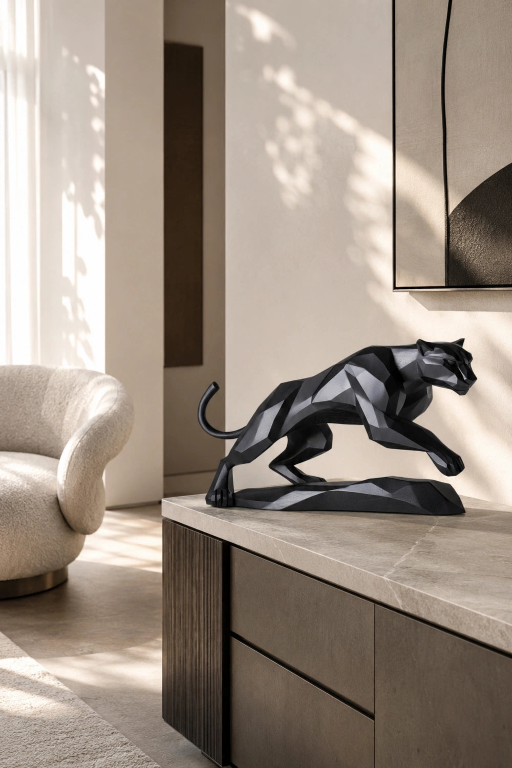 Geometric Black Panther Statue | Faceted Wood Pouncing Decor