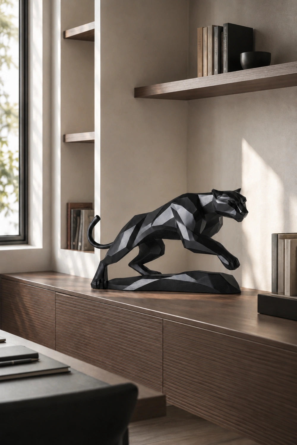 Geometric Black Panther Statue | Faceted Wood Pouncing Decor