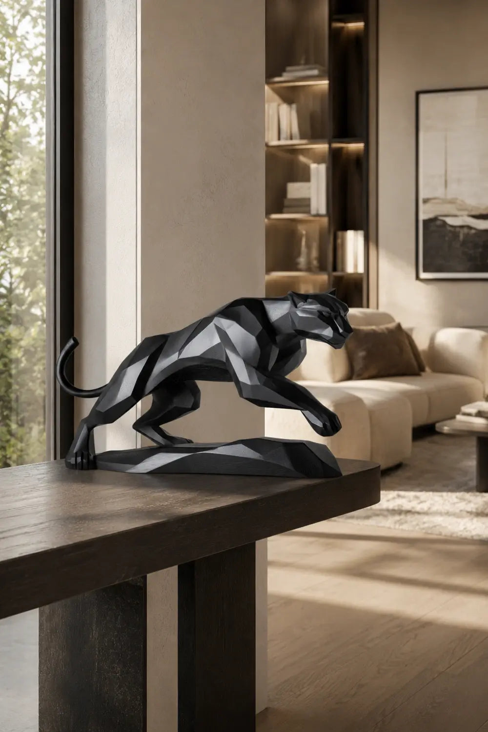 Geometric Black Panther Statue | Faceted Wood Pouncing Decor