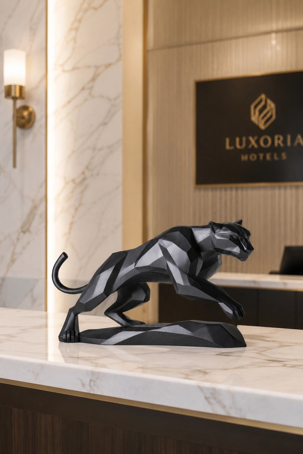 Geometric Black Panther Statue | Faceted Wood Pouncing Decor