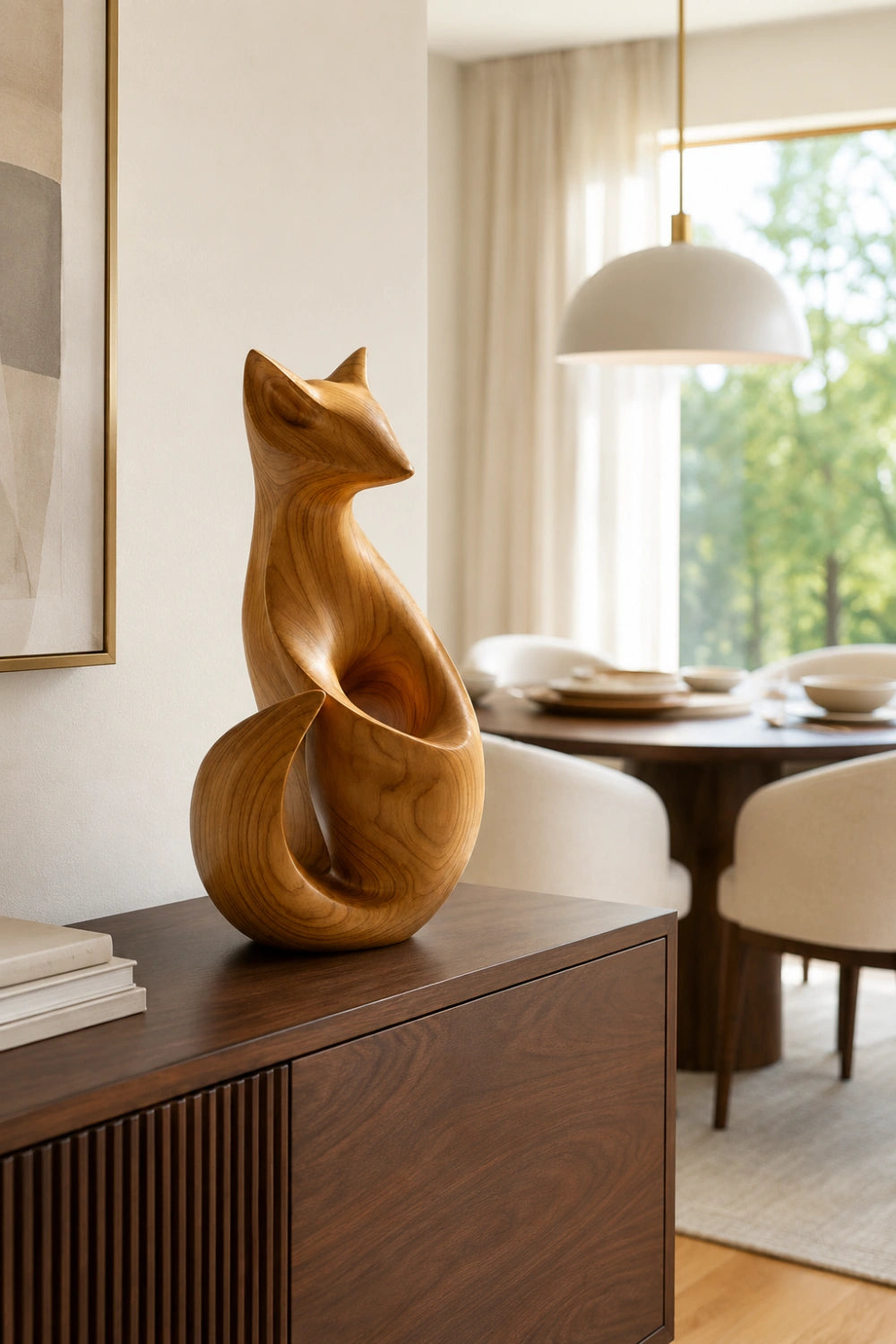 Modern Wooden Fox Sculpture | Hand Carved Animal Desk Object