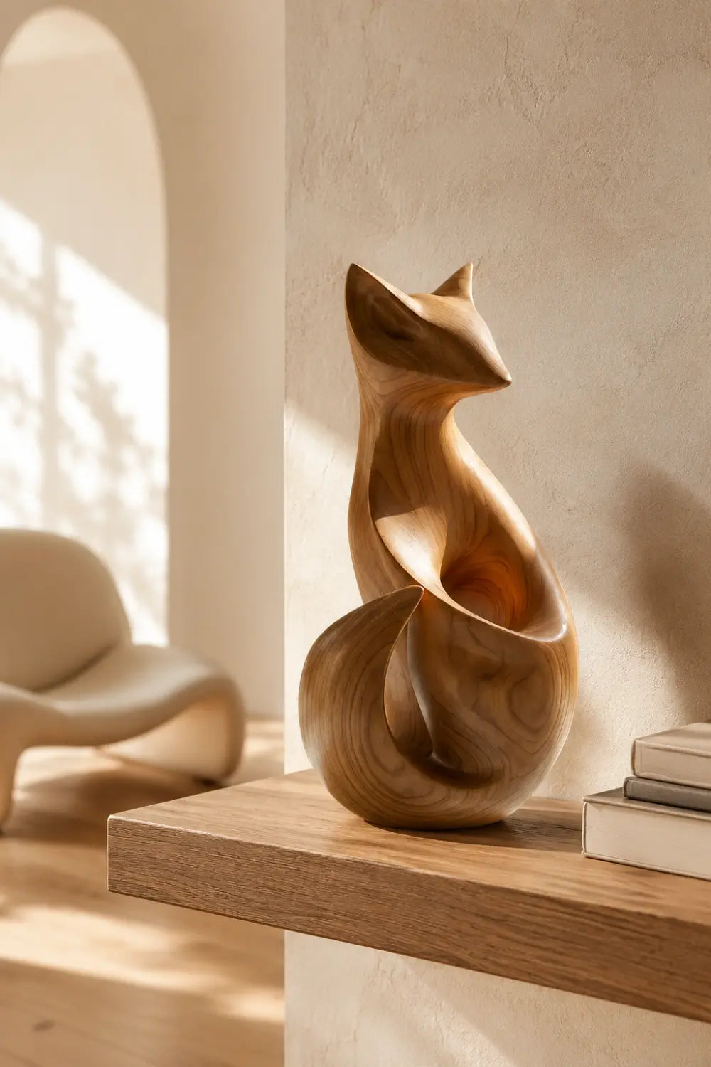 Modern Wooden Fox Sculpture | Hand Carved Animal Desk Object