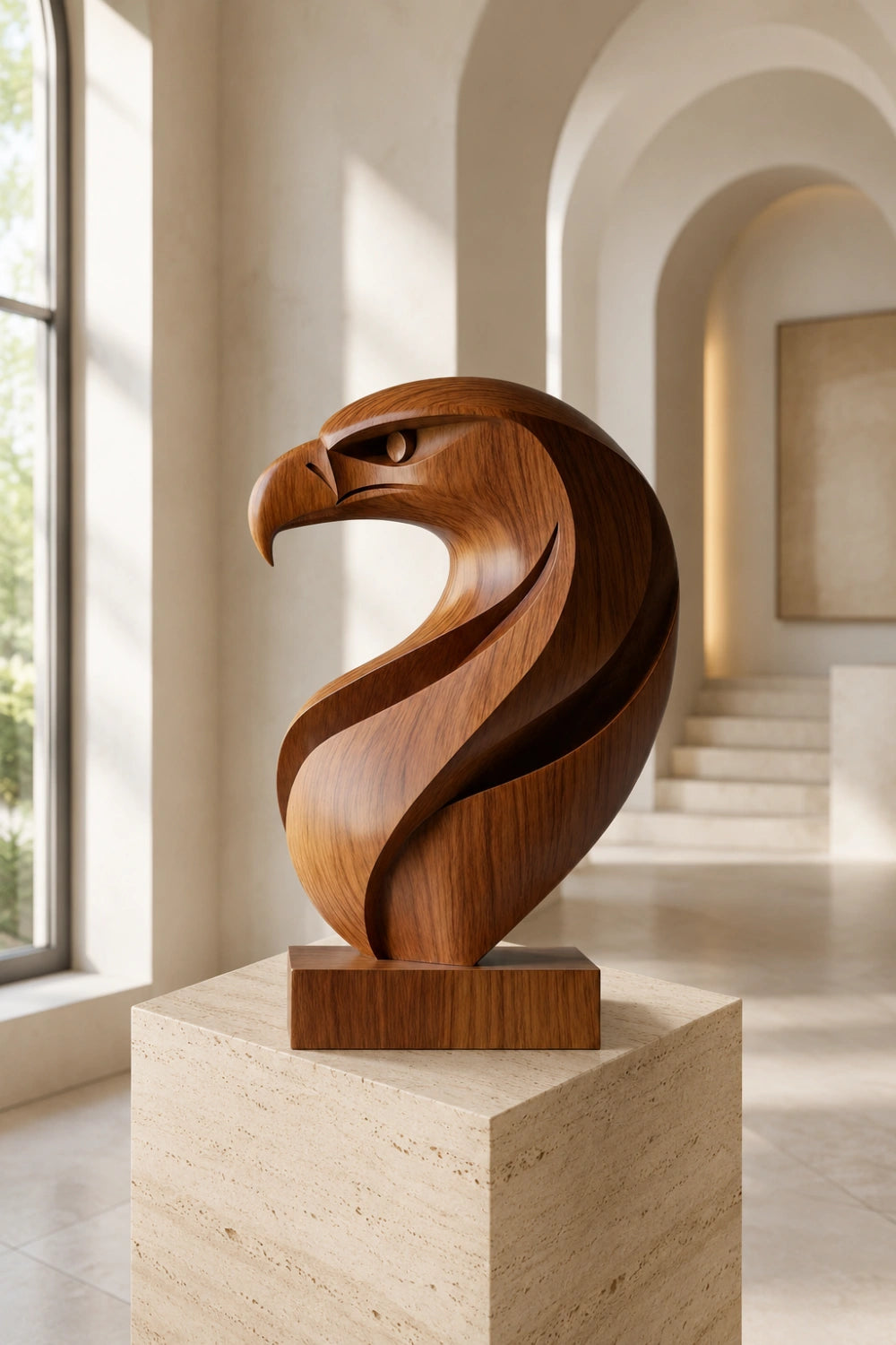 Abstract Wooden Eagle Head Sculpture | Bird Of Prey Art Accent