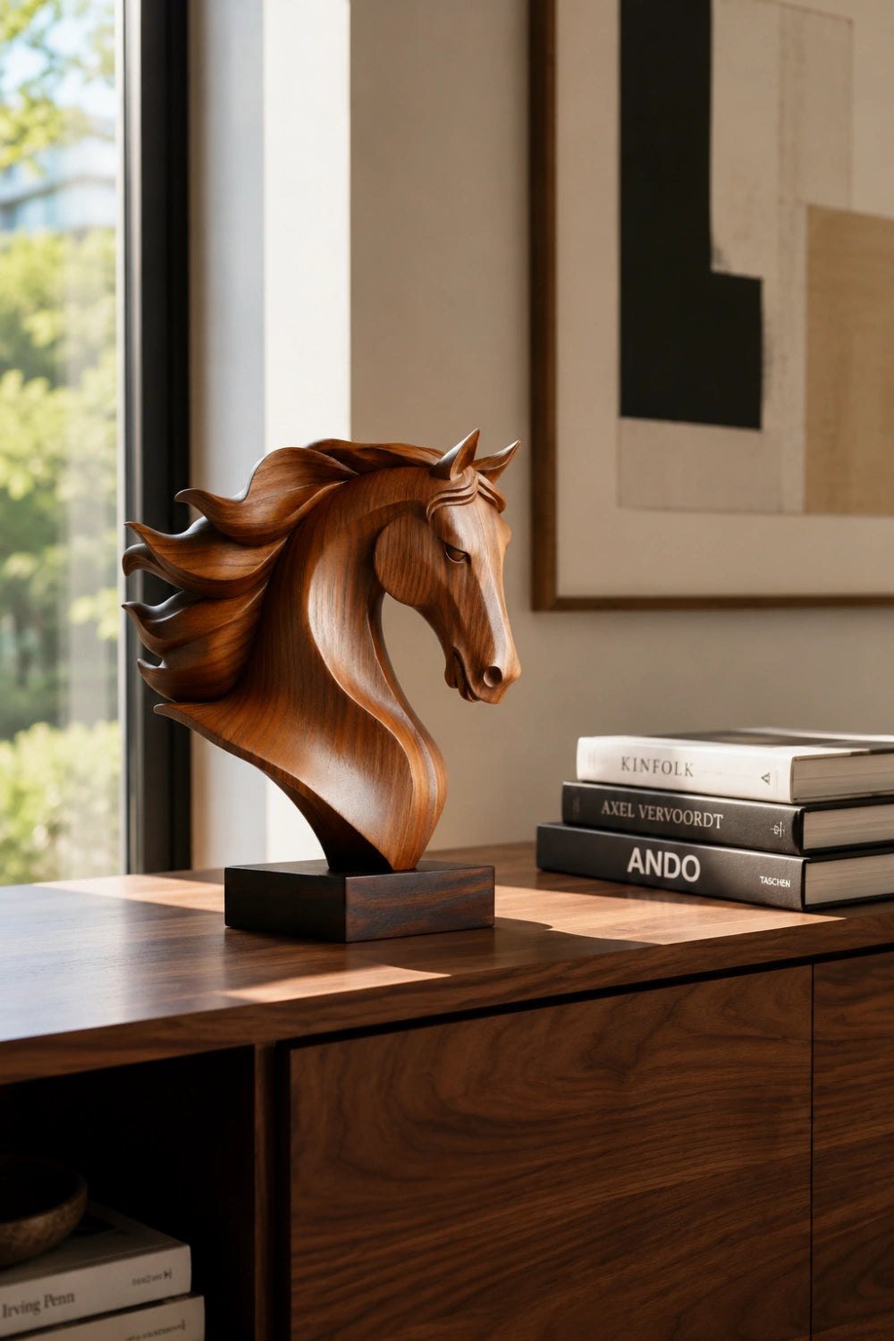 Handmade Wooden Horse Head Sculpture | Art Deco Animal Centerpiece