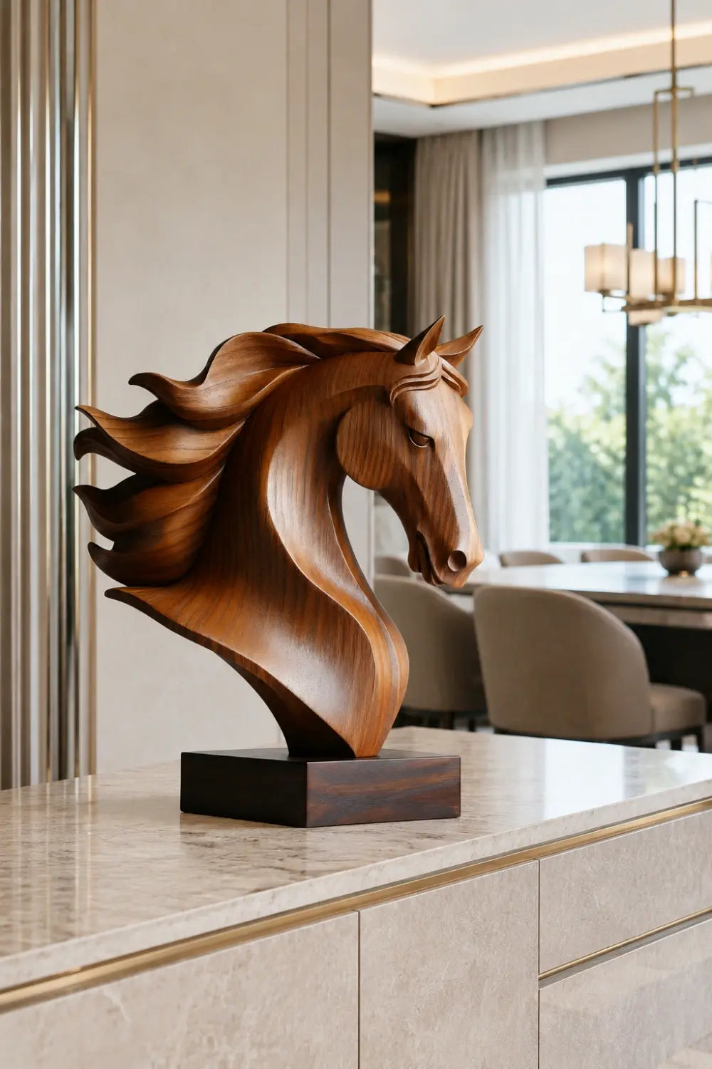 Handmade Wooden Horse Head Sculpture | Art Deco Animal Centerpiece