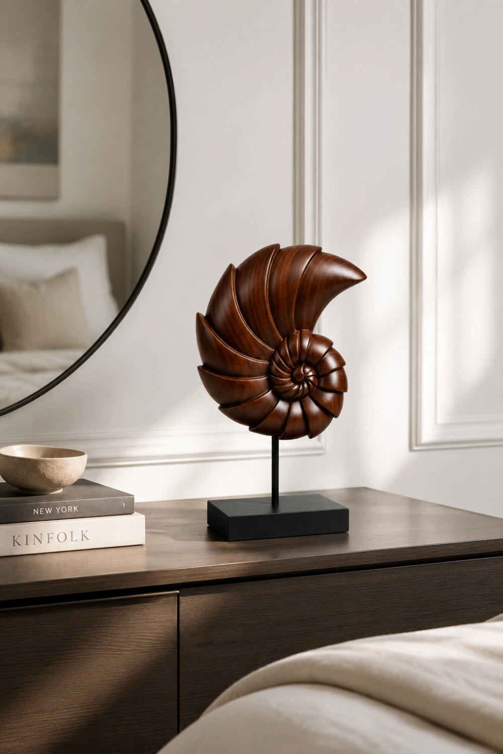 Carved Wood Nautilus Shell Sculpture | Fibonacci Ocean Art Decor